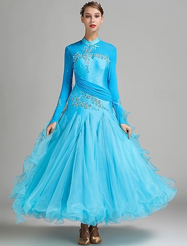  Elegant turkis ballroom-kjole for kvinner med strassutsmykning, høy hals, vals tango, moderne rumba, konkurranseopptredenskjole