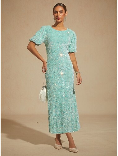  Жен. Платье средней длины Платье силуэта Русалка Элегантный стиль Рукава буффы Для вечеринок Пайетки Рукав до локтя Вырез под горло мудрец зеленый Весна Осень Зима