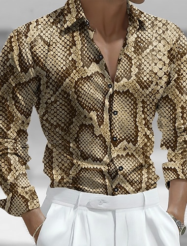  Herren Schlangenhaut Muster Hemd Satinhemd Kleidhemd Langarm Modisch lässig Urlaub Alltagskleidung Sommer Frühling Herbst Umlegekragen 3D-Druck Hemden mit Knopfleiste Khaki Grau