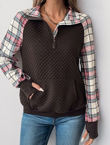  Per donna Felpa Pullover Plaid Moda Casual Manica Lunga Bavero Top Regolari Streetwear Abbigliamento Quotidiano Casuale Patchwork Tasca Mezza cerniera Marrone Autunno Inverno