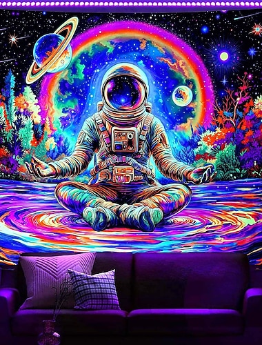  Schwarzlicht-Astronaut meditiert, Galaxie-Weltraum-Wandteppich, Neonplaneten, kosmischer Wandbehang, farbenfrohe UV-reaktive Sterne, himmlisches Universum, Raumdekoration für Schlafzimmer und