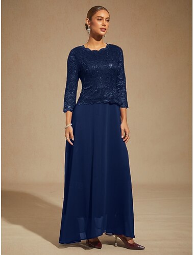  damekjole maxikjole chiffonkjole blonder paljetter brodert elegant kveldsselskap ensfarget 3/4-ermet rund hals marineblå vår høst vinter