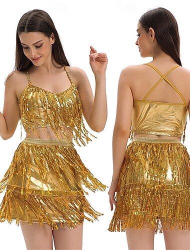  Trajes de Samba faldas de baile de carnaval con borlas y lentejuelas para fiestas temáticas sin mangas de poliéster|l disfraz de rendimiento