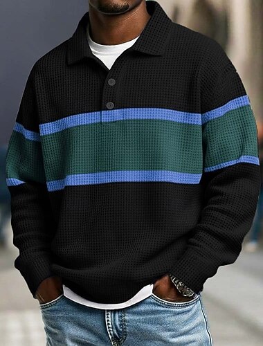  Herre Horisontale strips Vaffel poloskjorter Rugby Polo Rugby poloskjorter Langermet Poloskjorter Knaphul Sportsklær Fritid Skole treningsklær Dagligdagstøy 3D-utskrift Vår Høst Vinter Blå Rød Lilla