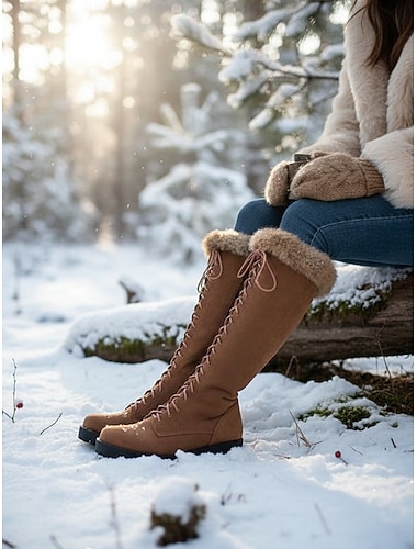  Braune, gefütterte Damen-Schnürstiefel – kniehohe Winterstiefel mit warmem Kunstpelzkragen für Schnee und Urlaub