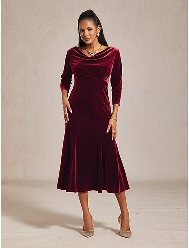  Women's Midi Dress Sheath Dress Velvet Elegant Party Wedding Guest Cocktail Party Regular Fit Solid Color 3/4 Length Sleeve Cowl Neck Wine Spring Fall Winter