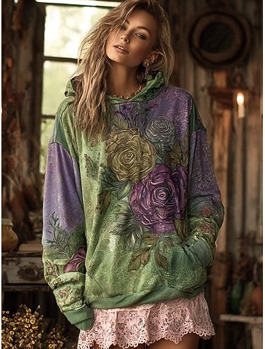  női viking vintage pulóver kapucnis pulóver virágos állatmintás törzsi vintage lezser hosszú ujjú kapucnis normál felsők lezser zöld tavasz ősz tél