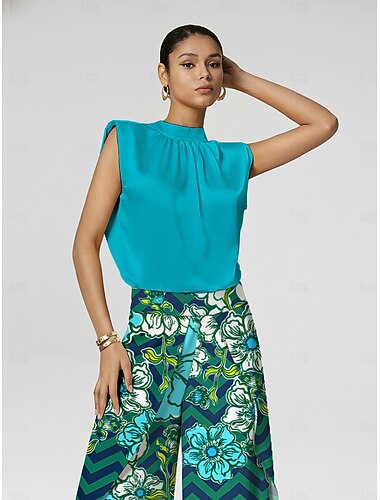  top casual da vacanza in raso con collo alto e maniche larghe