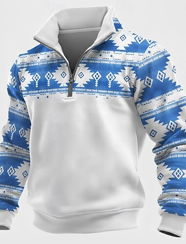  Homens Tribal Moletom Étnico Vintage retrô Colarinho Chinês Ao ar livre Trabalho Presente Azul Azul Céu Amarelo Vermelho Zíper Outono Inverno Designer S M L XL XXL XXXL