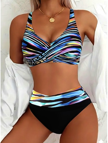  Dámské bikiny dvoudílné plavky vysoký pas pobytová móda grafické pruhované V krkem bez rukávů