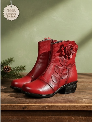  Bottines en cuir rouge pour femme avec appliqués floraux – bottines courtes vintage à talon moyen pour tenues décontractées et habillées