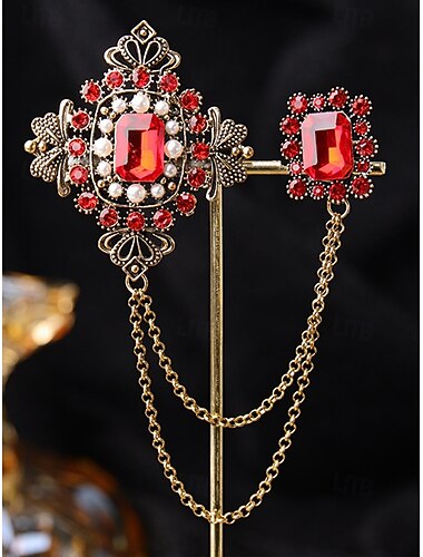  メンズクリスマスブローチセット - エレガントな合金素材にマルチカラーの宝石と真珠をあしらった、スーツ、パーティー、ホリデーシーンにぴったりの華やかなチェーンデザイン