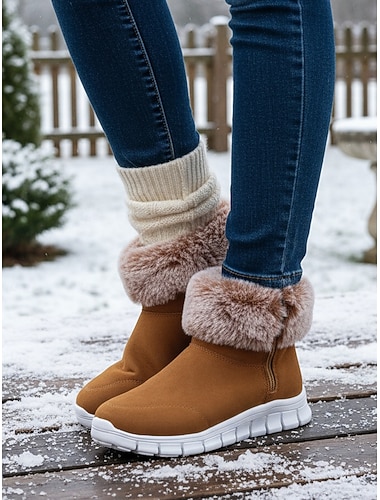  Damskie brązowe, ciepłe botki z podszewką z futra - lekkie, brązowe śniegowce z mankietami z miękkiego sztucznego futra, zapewniające wygodę zimą i noszenie na zewnątrz