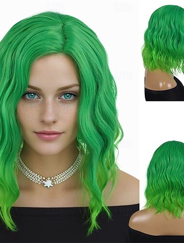  Grüne Perücken Karnevalsperücke grün Ombre lockig wellig kurze synthetische Festivalperücke Cosplay-Kostümhaar für Frauen