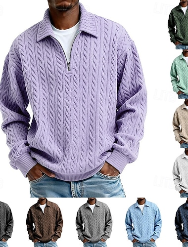  رجالي جاكوارد كنزة البلوز هوديي البلوز سويت شيرت بسحاب مشمش أسود أبيض أخضر فاتح أزرق البحرية Lapel سهل إحزم محكم الرياضة & في الخارج فضفاض مناسب للبس اليومي أناقة الشارع كوول ملابس رياضية خريف & شتاء