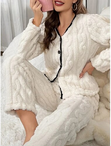  Femmes Ensemble Pyjama Occasionnel Confort Couleur Unie Taille Élastique Pantalon Maison Quotidien manche longue Col en V Blanche Rose Claire Printemps Automne Hiver Coupe régulière