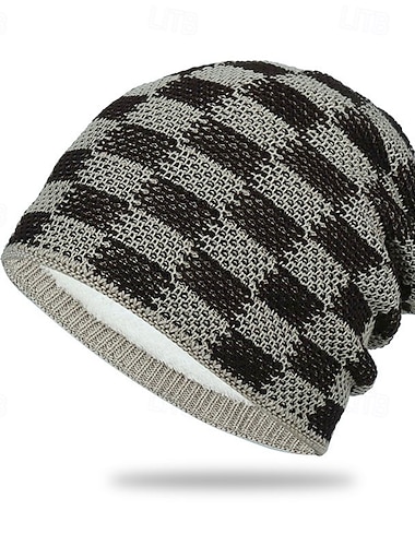  Муж. Универсальные Шапка-бини Зимние шапки Шапки бини Вязаная шапка Зимняя шапочка Черный Хаки Полиэстер Трикотаж Дышащий Уютный На каждый день На выход В клетку С защитой от ветра Теплый