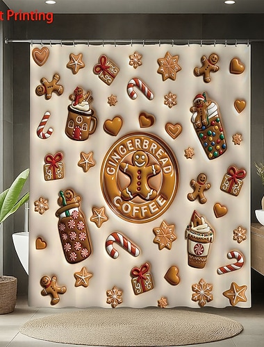  1 szt. 180x180 cm świąteczna zasłona prysznicowa z piernikowym ludzikiem – artystyczny obraz akwarelowy, szybkoschnąca poliestrowa zasłona łazienkowa do dekoracji domu