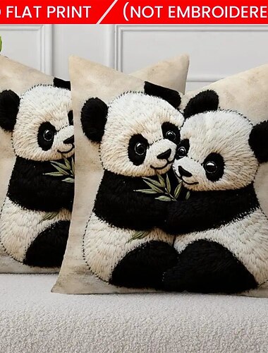  כיסוי כרית פשתן בעיצוב חיבוק פנדה הדפס שטוח 2D מודרני מרובע עם סגירת רוכסן כיסוי כרית נוי רך לעיצוב סלון ספה בחדר שינה