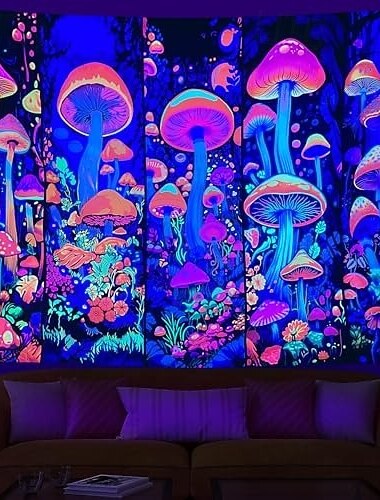  Schwarzlicht-Pilz-Wandteppich mit Blumenmotiv, UV-reaktiver Wandteppich, der im Dunkeln leuchtet, Hippie-Wandbehang für Schlafzimmer, psychedelische Zimmerdekoration