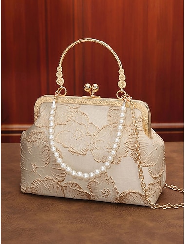  elegante pochette da donna con manico in perla - design floreale ricamato con finiture dorate, opzioni multicolore, perfetta per matrimoni, feste e occasioni formali