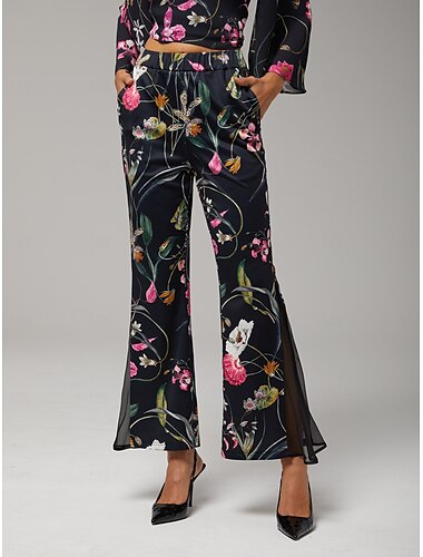  damebukser stretchstoff blomstertrykk chiffong gjennomsiktige paneler utsvingte ben elastisk midje elegant komfortabel daglig arbeid høst