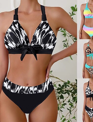  Жен. Купальники Бикини 2 шт. Смелые купальник Утягивание живота Завышенная Тонкие Открытая спина Отпуск Одежда для пляжа Леопард НАЙКА НЕКО Без рукавов Купальники