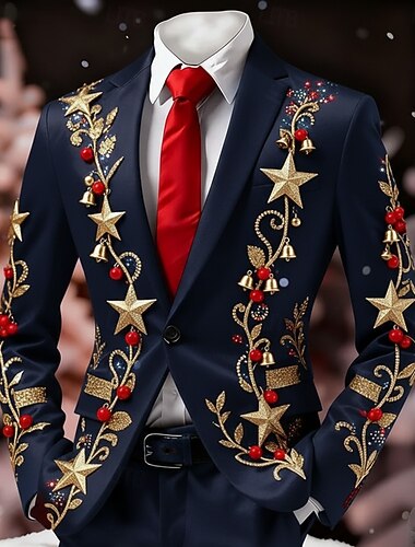  Kerstmis Voor heren Bel Blazerjack Jas Comfortabel Ademend Artistiek Casual Feestavondkleding Dagelijks Festival 3D-afdrukken Knop Herfst winter Inkeping Lange mouw blauw Rood Groen