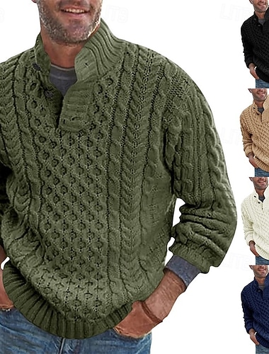  בגדי ריקוד גברים סוודר סוודר סוודר מצולע כבל לִסְרוֹג חולצות רגילות סרוג גזרה מרה אחיד עומד סריגים עכשווי קזו'אל לבוש יומיומי ביגוד סתיו חורף שחור לבן M L XL