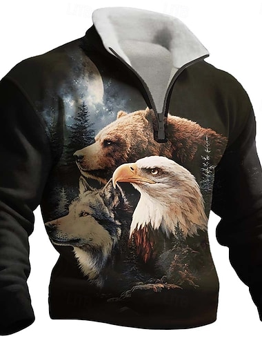  Herren Tiermotiv Bär Adler Fleece Pullover Mode Lässig 3D Stehkragen Viertelreißverschluss Outdoor Urlaub Geschenk Streetwear Blau Schwarz Grau Halber Reißverschluss Herbst Winter Designer S M L XL