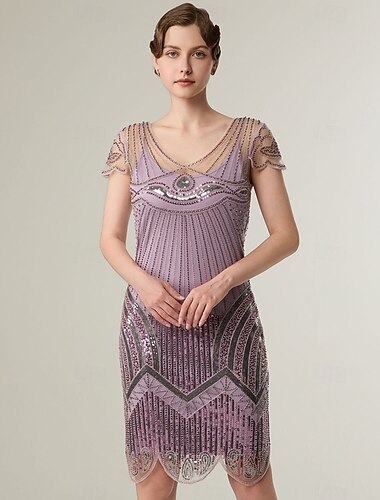  Goldene Zwanziger 1920er Knielang Flapper Kleid Kurze Ärmel Der große Gatsby Flapper-Mädchen Pailletten Fransen V Ausschnitt Kostüm Damen Weihnachten Karneval Maskerade Retro-Mottoparty