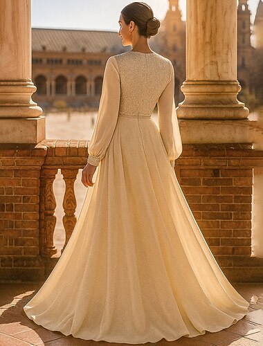  Linea ad A Lunghezza al pavimento Abito Formale Abito da sera Abito d'oro Manica Lunga Girocollo Elegante Vintage Brillare & Splendere Spandex Poliestere Abito da cerimonia per signora con Paillettes