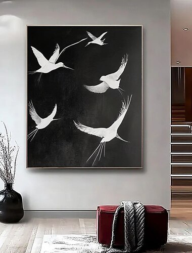  Pintura original pintada à mão em preto e branco de um pássaro voando, pintura a óleo sobre tela, pintura abstrata de animal, decoração moderna para sala de estar, presente para amantes da paz.