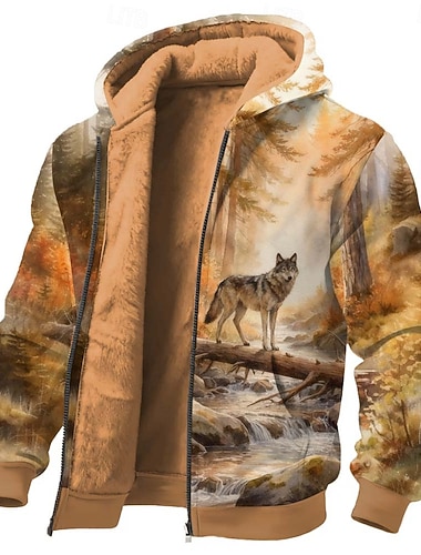  Per uomo Lupo Stampa 3D Pile Felpa con Cappuccio Giacca di pelle Felpa Classico Militare Da caccia Girocollo All'aperto Campeggio Marrone Marrone 2 Marrone 3 Con zip Autunno Inverno progettista S M L