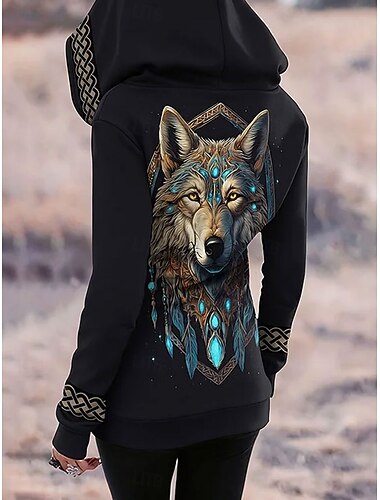  Per donna Felpe con cappuccio Grafico Animale Tribale Moda Casual Manica Lunga Con Cappuccio Top Regolari Streetwear Abbigliamento Quotidiano Cerniera Tasca Stampato Bianco Giallo Primavera Autunno