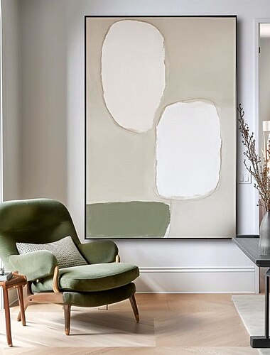  Pintura abstracta geométrica grande, verde, beige y negra, arte abstracto verde, arte de pared wabi-sabi beige, arte minimalista negro, decoración de pared bohemia neutra