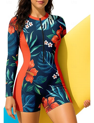  Damen Anti UV Shirt Badeanzug Boyleg Blumen Reißverschluss Herausnehmbare Polsterung Frontreißverschluss UV-Sonnenschutz UPF50+ Ultraleicht (UL) Langarm Bademode Schutz gegen Hautausschlag Surfen