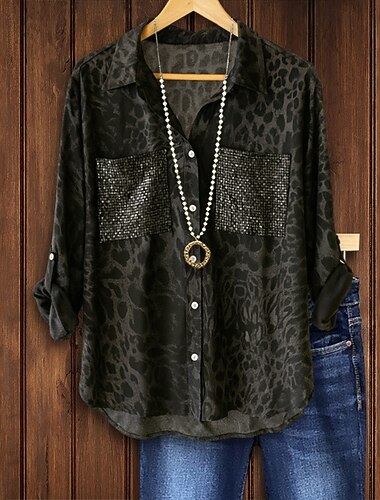 Dame Bluse Topper med paljetter Paljetter Knapper Leopard Årgang Stilfull Langermet Skjortekrage Vanlige topper Daglig Ferie Ut på byen Svart Vår Høst