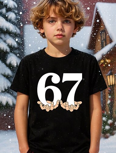  コットン 子供 男の子 ブラック ホワイト グラフィック 面白いスラング 67 Tシャツ ブラウス クルーネック 半袖 アウトドア 日常着 ファッション ストリートファッション デザイナー プリント 夏