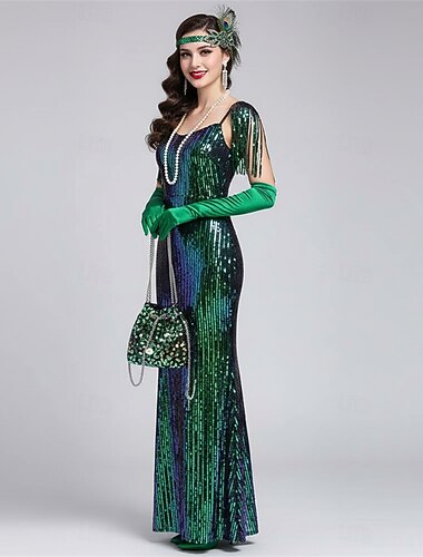  Set Goldene Zwanziger 1920er Knöchellänge Kleid Abendkleid Outfits mit Zubehör Ärmellos Der große Gatsby Charleston Hochzeitsgast Pailletten Quastenfransen Feder V Ausschnitt Kostüm Damen Neujahr