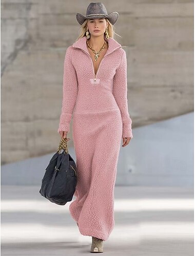  Dame Maxikjole Skiftkjole Fritid Bohem Daglig Ferie عادي Langermet Høy krage Svart Rosa Lysebrun Himmelblå