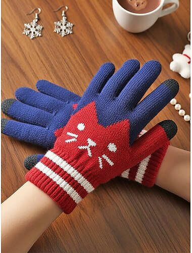  guanti da donna in maglia per touchscreen, multicolore, motivo gatto, comodo accessorio invernale