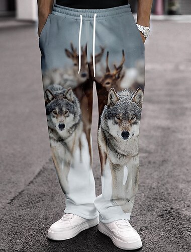  Homme Animal Loup Renne Joggings Pantalons Pantalon décontracté Taille Moyenne Vintage Rétro Extérieur Chasse Entraînement Taille élastique avec cordon de serrage Pantalon droit avec poches Printemps