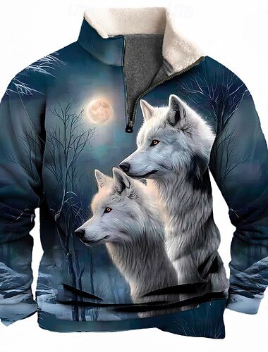  Voor heren dier Wolf Fleece Sweatshirt Modieus Casual 3D Opstaand Kwart ritssluiting Buiten Vakantie Lahja Streetwear blauw Halve rits Herfst Winter Ontwerper S M L XL XXL XXXL