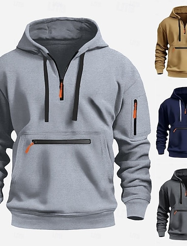  Homens Moletom Moletons com zíper Moletom Tático Preto Azul Marinha Camelo Cinza Claro Cinzento Escuro Com Capuz Tecido Bolsos Half Zip Bolso frontal Diário Feriado Para Noite Poliéster Roupa de rua