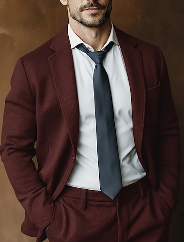  אנשיו של עֵסֶק קזו'אל חליפות טוויד דש קלאסי שחור בורגנדי רשמי אחיד גזרה מחוייטת סט 2 חלקים כפתור אחד עם חזה יחיד