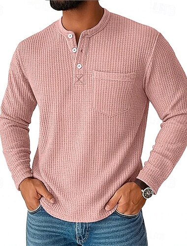  Homme T-shirt Chemise Henley Chemise à Manches Longues manche longue Henley Printemps Automne Uni Mode Designer Basique Poches Vacances Rue Sortir Noir Rose bleu marine T-shirt haut de gamme pour