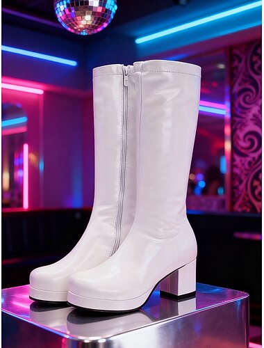  Γυναικείες μωβ μπότες μέχρι το γόνατο από λουστρίνι – κομψή λεπτομέρεια με φερμουάρ, χοντρά τακούνια, ρετρό ντίσκο στυλ δεκαετίας του 1980 για πάρτι, βραδινές εξόδους και τολμηρές μοντέρνες εμφανίσεις