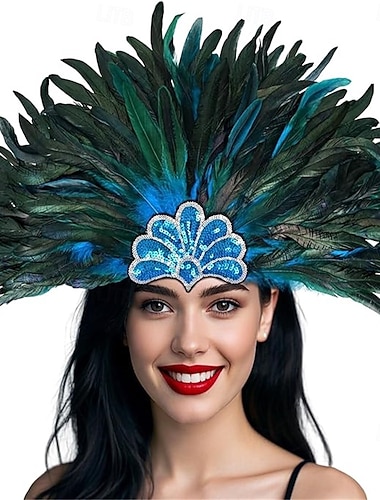  Karneval 2026 Rio Karneval Samba Tilbehør Påfugl blå grønn fjær headdresses kvinner Mardi Gras Festival danse tilbehør Brasil Festival Prestasjonskostyme