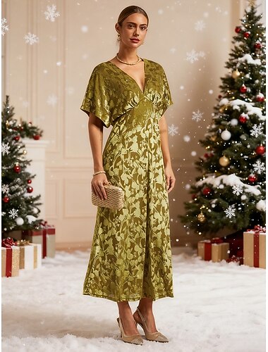  Elegantes Maxikleid für Damen, A-Linie, aus Samt, für Partys, Hochzeiten und als Gastkleid, mit floralem Muster, halblangen Ärmeln und V-Ausschnitt, smaragdgrün, für Frühling, Herbst und Winter